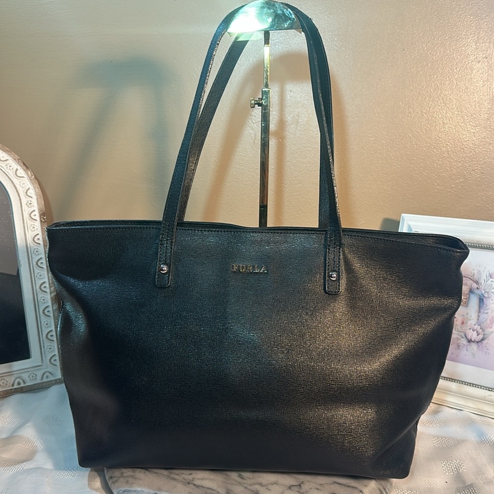 Furla black saffiano leather tote shoulder bag silver hardware fully lined